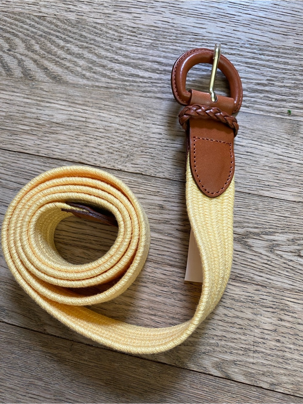 Vintage Talbots Yellow Woven Belt with Brown Leather Trim and Gold Buckle - XL